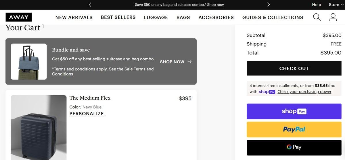 Away Travel checkout page displaying product bundle upselling offer with luggage and travel accessories combo, showing clear savings and value proposition